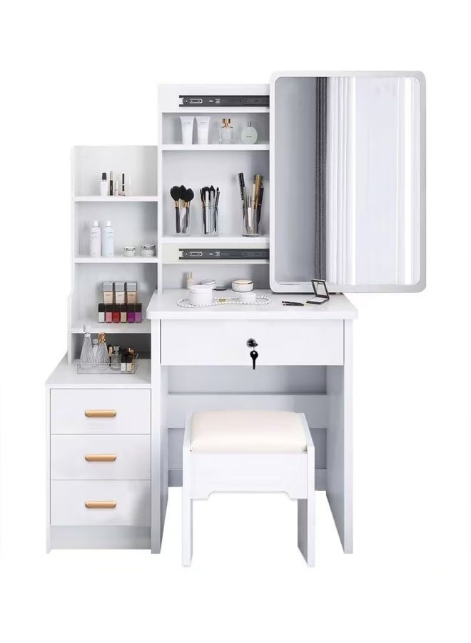 Beauenty Vanity Table with LED Light Mirror  Vanity  Desk Chair Set with Mirror Makeup Table with Stool Dressing Table with Storage Drawer Shelves Vanity Table with Lots Storage for Bedroom. (White) - Image 4